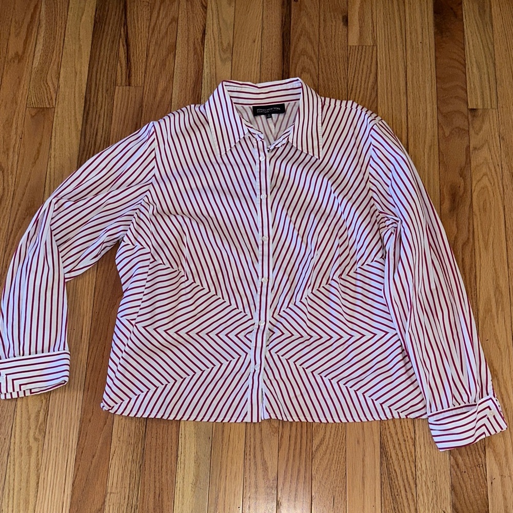 Jones New York White and Dark Pink Striped Button Down Shirt Size 2X